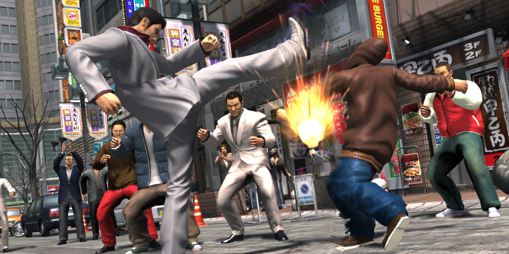 Kiryu Kicking A Thug In The Arm While Others Stand Around And Watch
