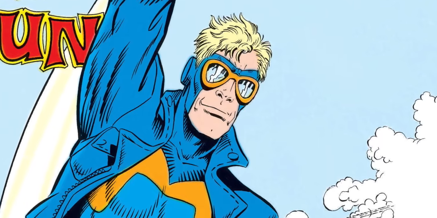 Animal Man raising his hand up with a pair of glasses