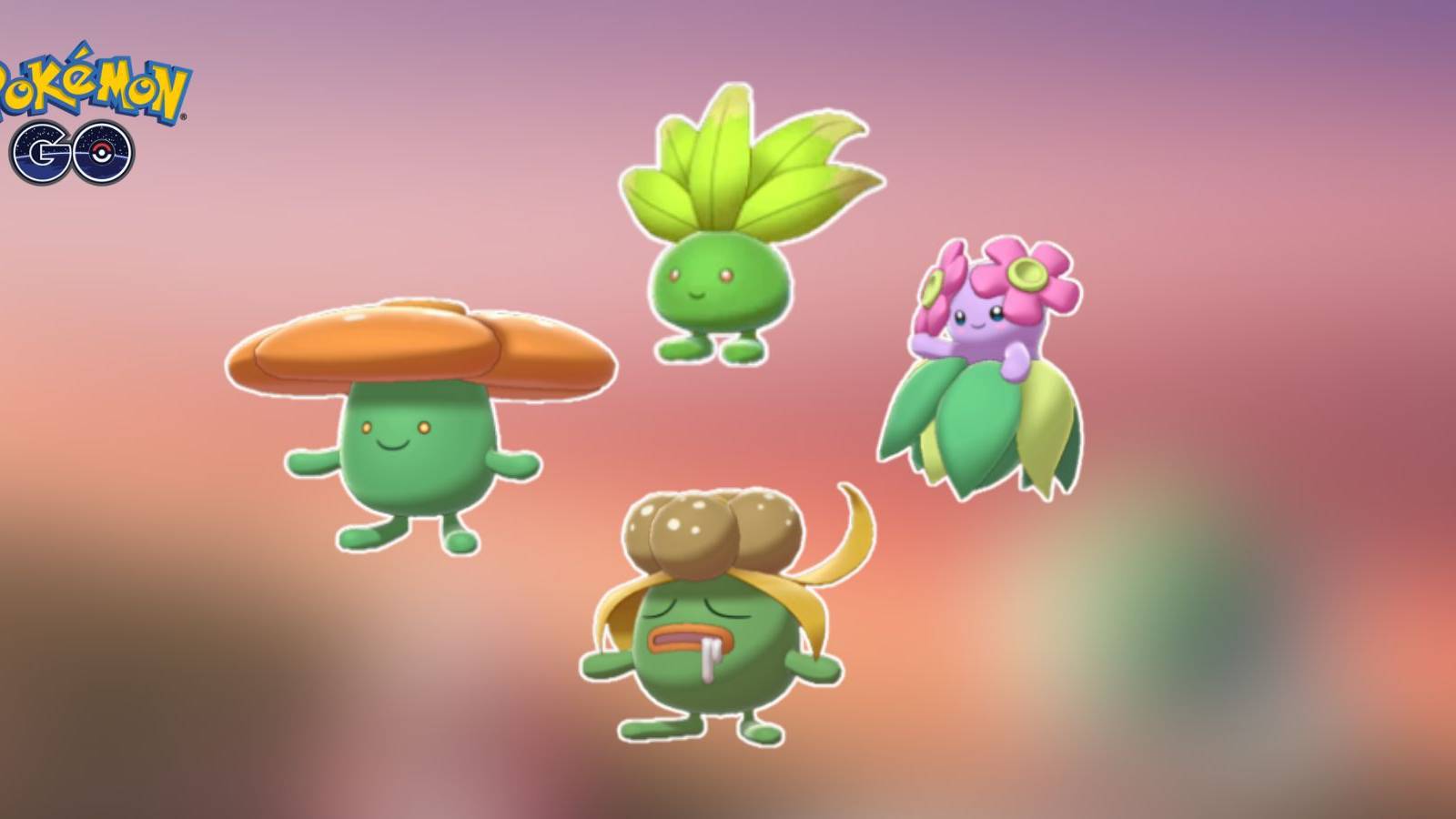 Shiny Oddish, Shiny Gloom, Shiny Vileplume, and Shiny Bellossom in Pokemon GO