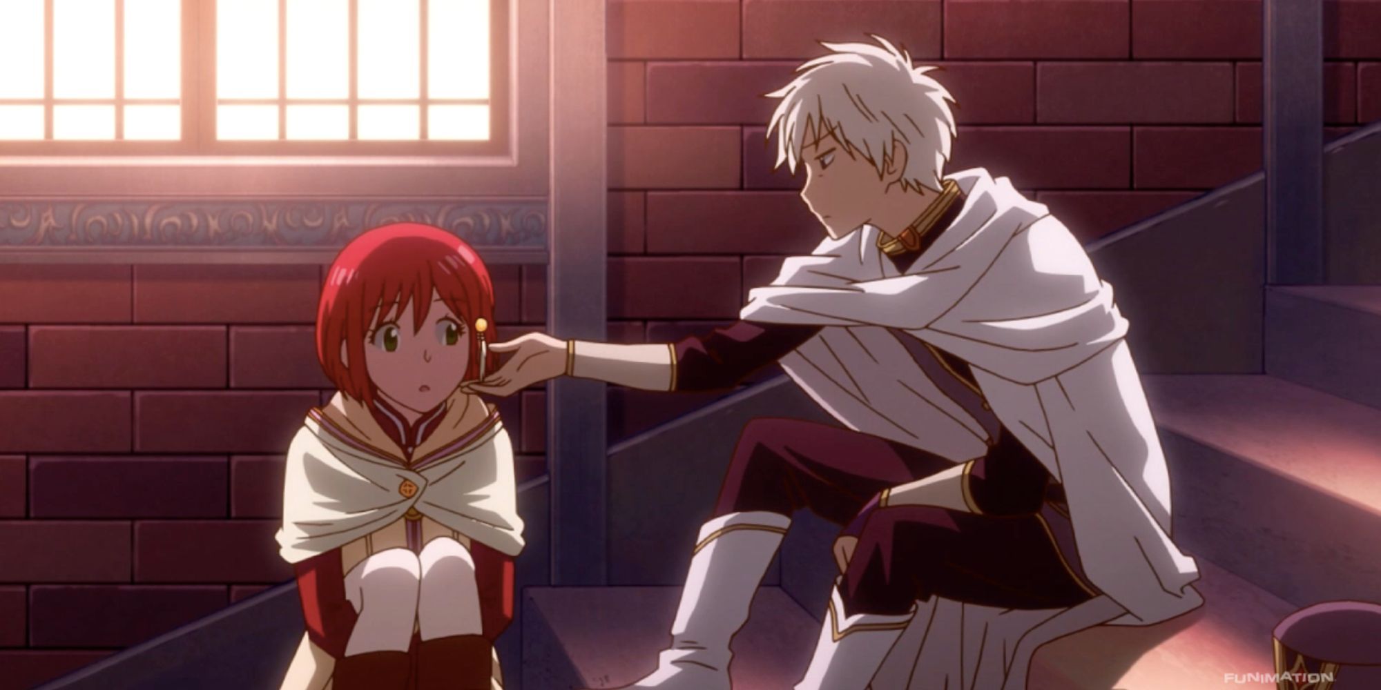 a white haired prince reaches out to touch the hair of a red-headed girl