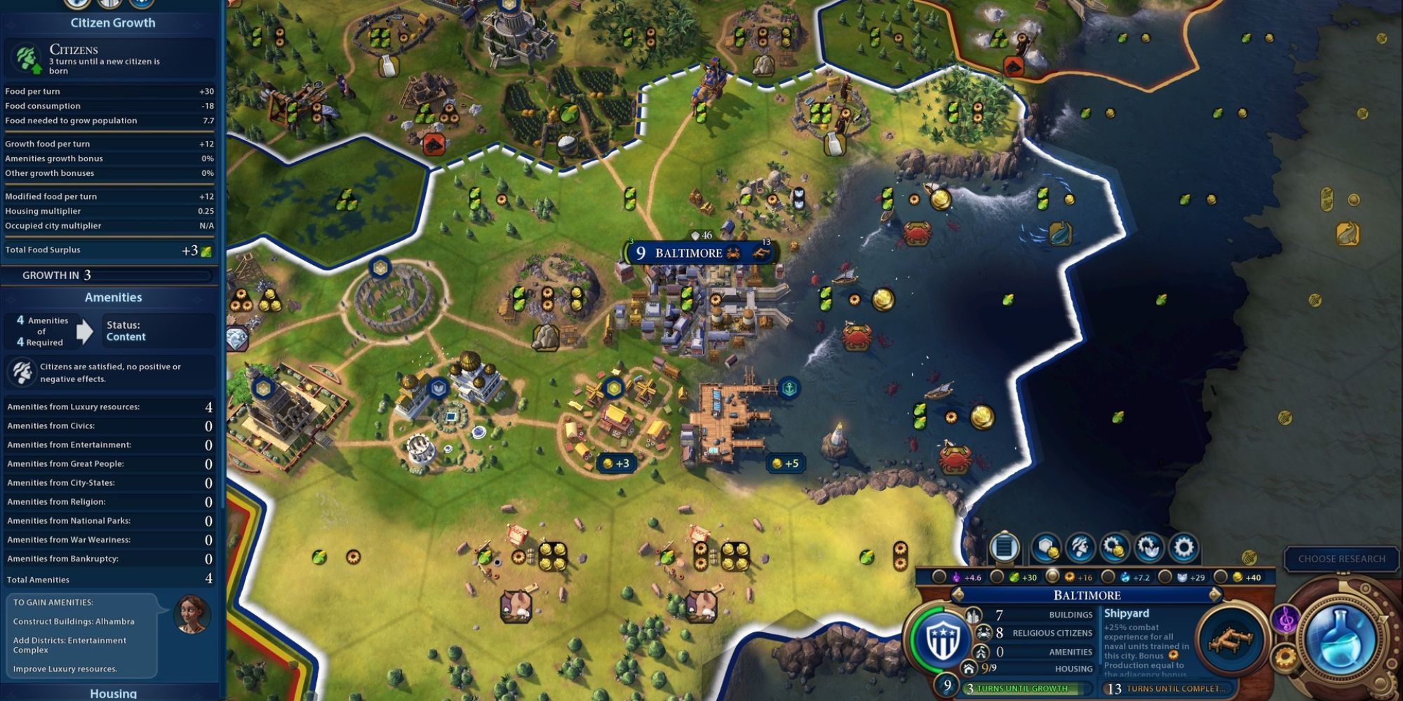 A player looking at the city of Baltimore in Sid Meier's Civilization 6