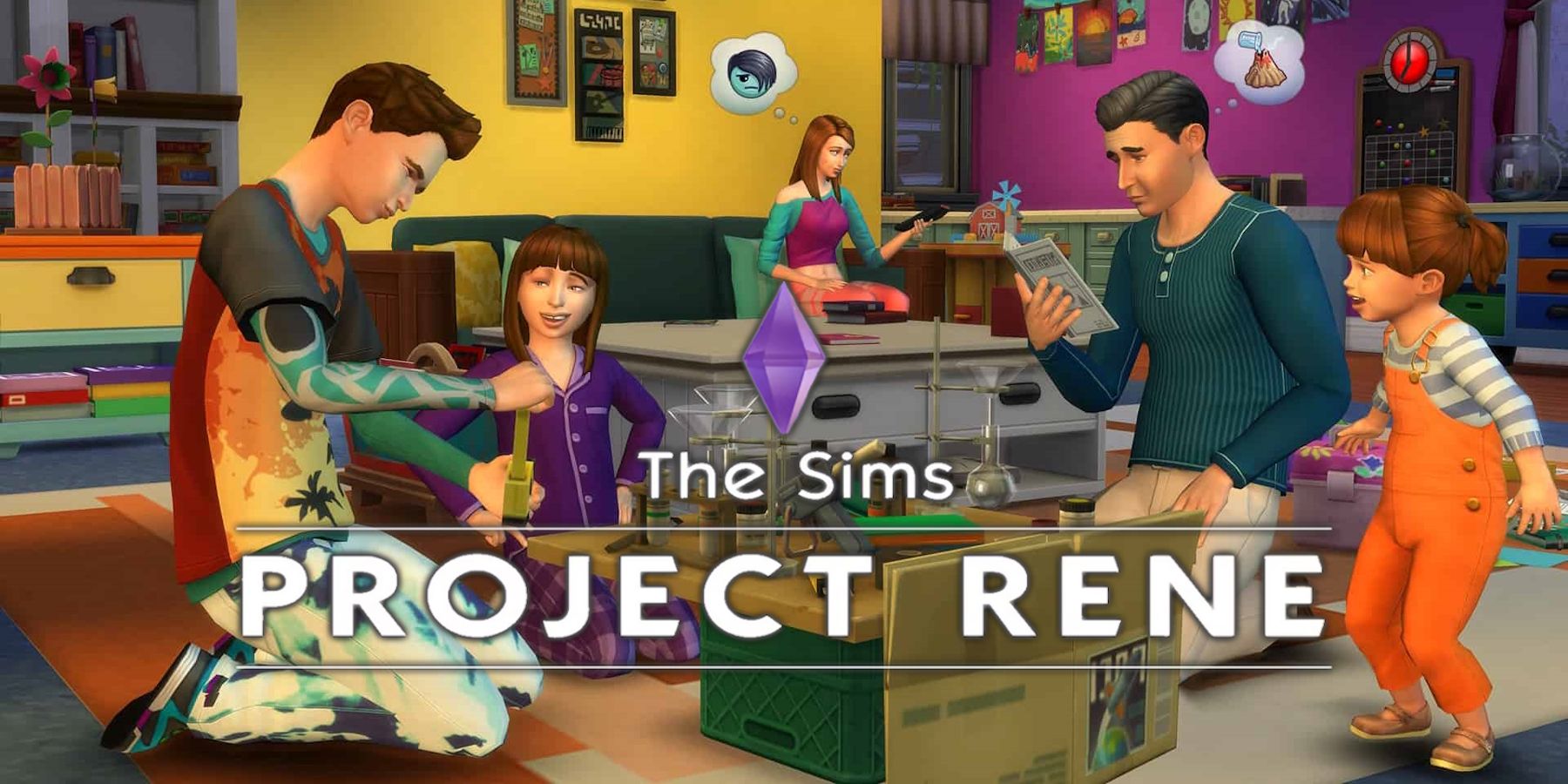 Sims 5 Project Rene logo over The Sims 4 screenshot