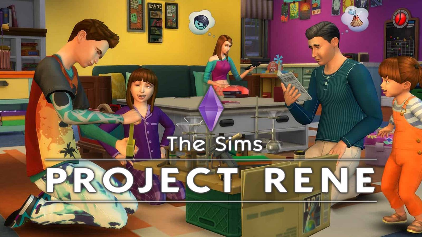 Sims 5 Project Rene logo over The Sims 4 screenshot