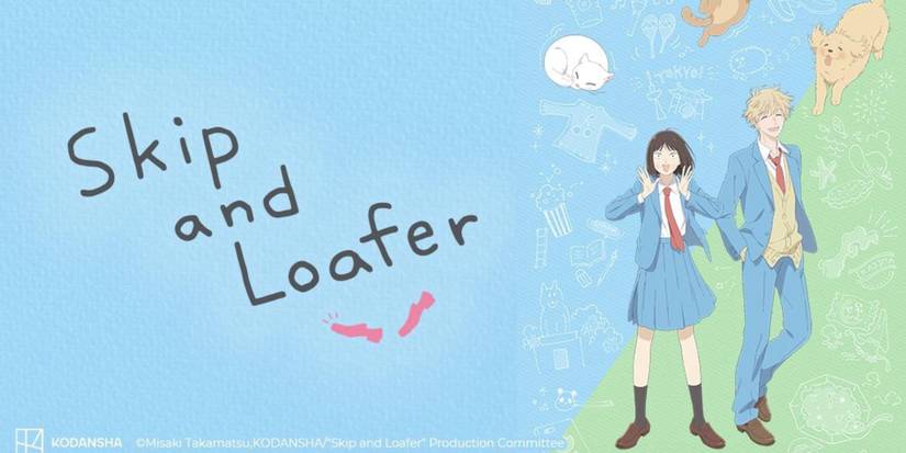 Mitsumi and Sousuke stand next to eachother on the right, on the left it say "Skip and Loafer"