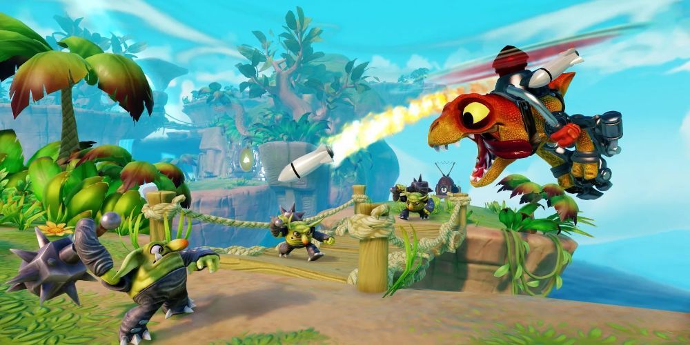 A beast fires a rocket at a Skylander with a spiked hammer as more enemies charge across a wooden bridge