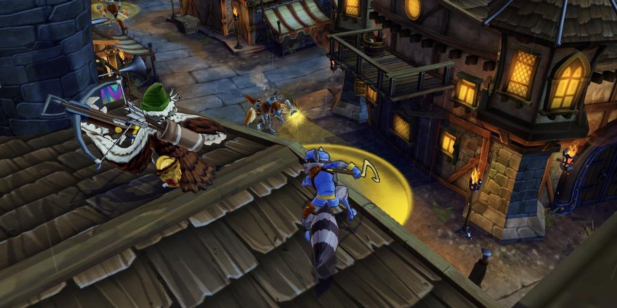 Sly Cooper swinging his hook at an enemy on top of a roof in Sly Cooper: Thieves In Time