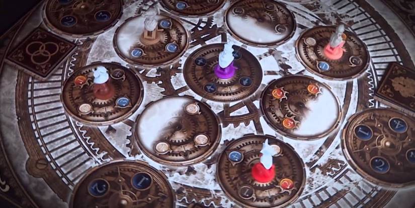 Rotating game board of Smog: On Her Majesty's Service featuring intricate steampunk designs, Ethers, and Artefacts.