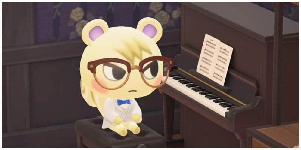 Marshal from Animal Crossing in a tuxedo and glasses sitting at a piano