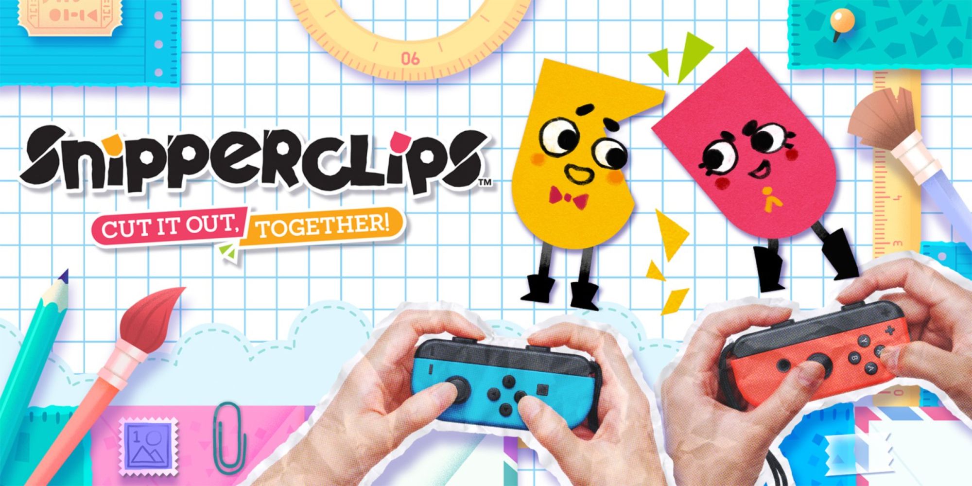 Snipperclips offical game over, with Snip and Clip posing to the right of the game title