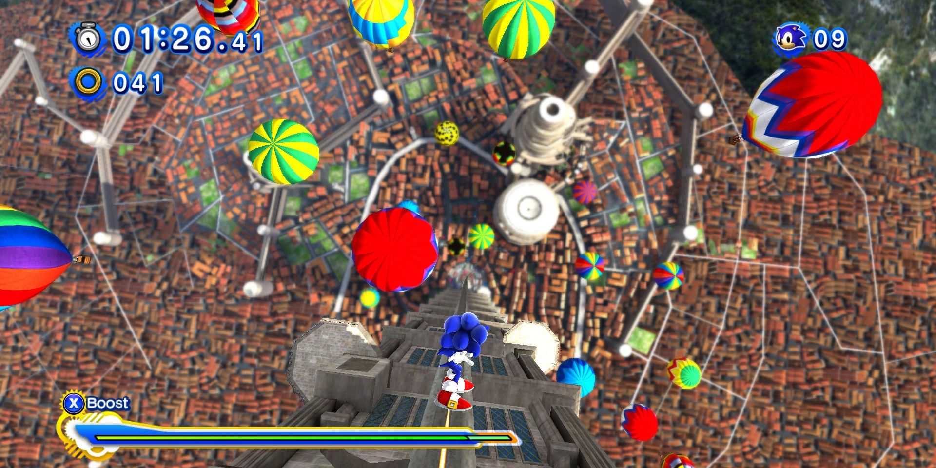 Sonic riding a rail vertically down a tower with hot air balloons surrounding him in Sonic Generations