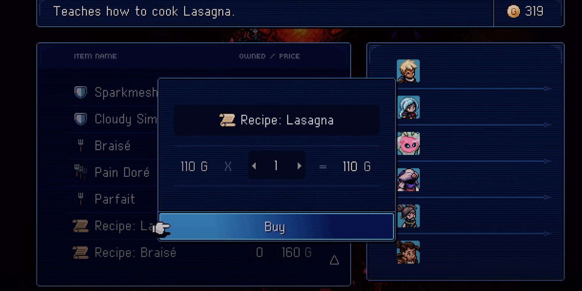 Sea of Stars Lasagna purchasing screen