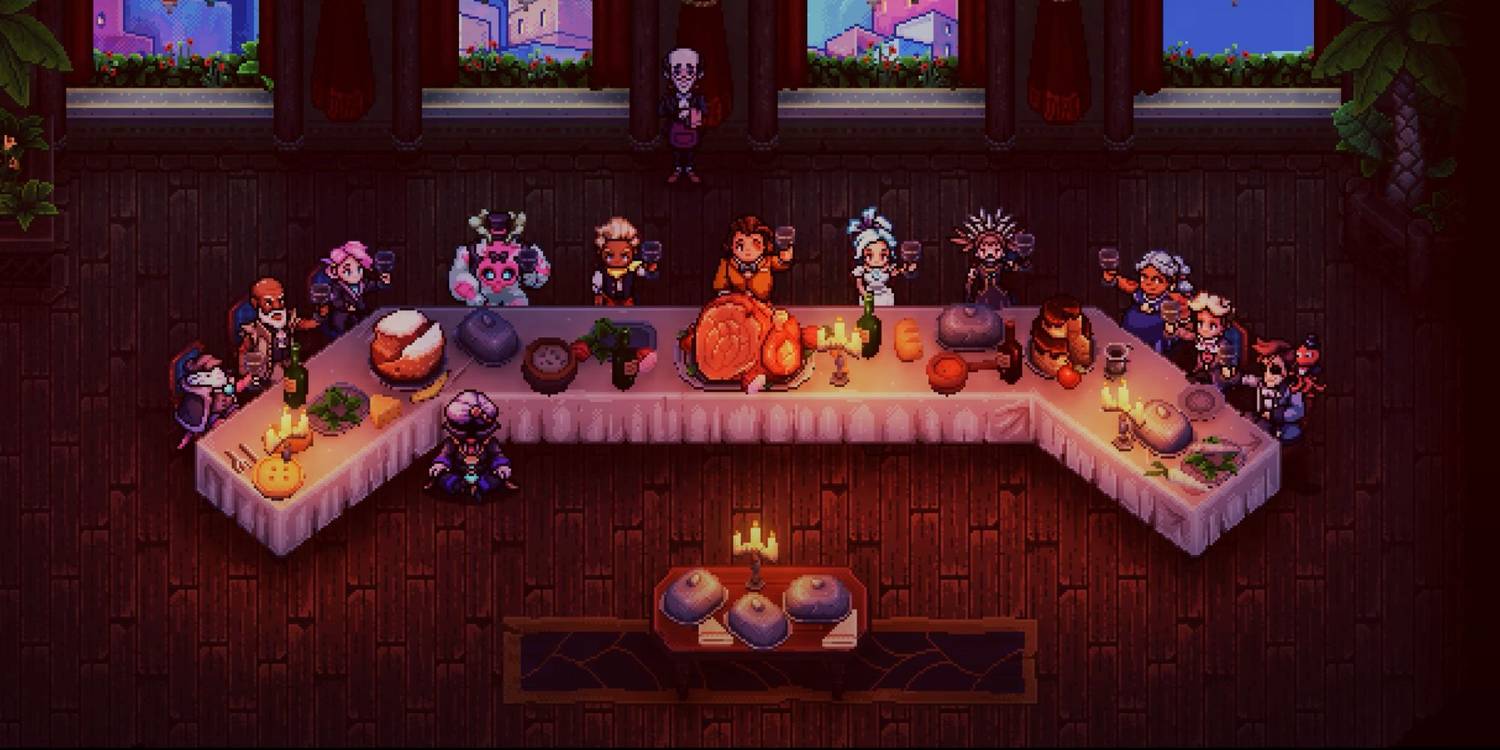 Sea of Stars' Legendary Feast, with all characters sitting around a grand table.