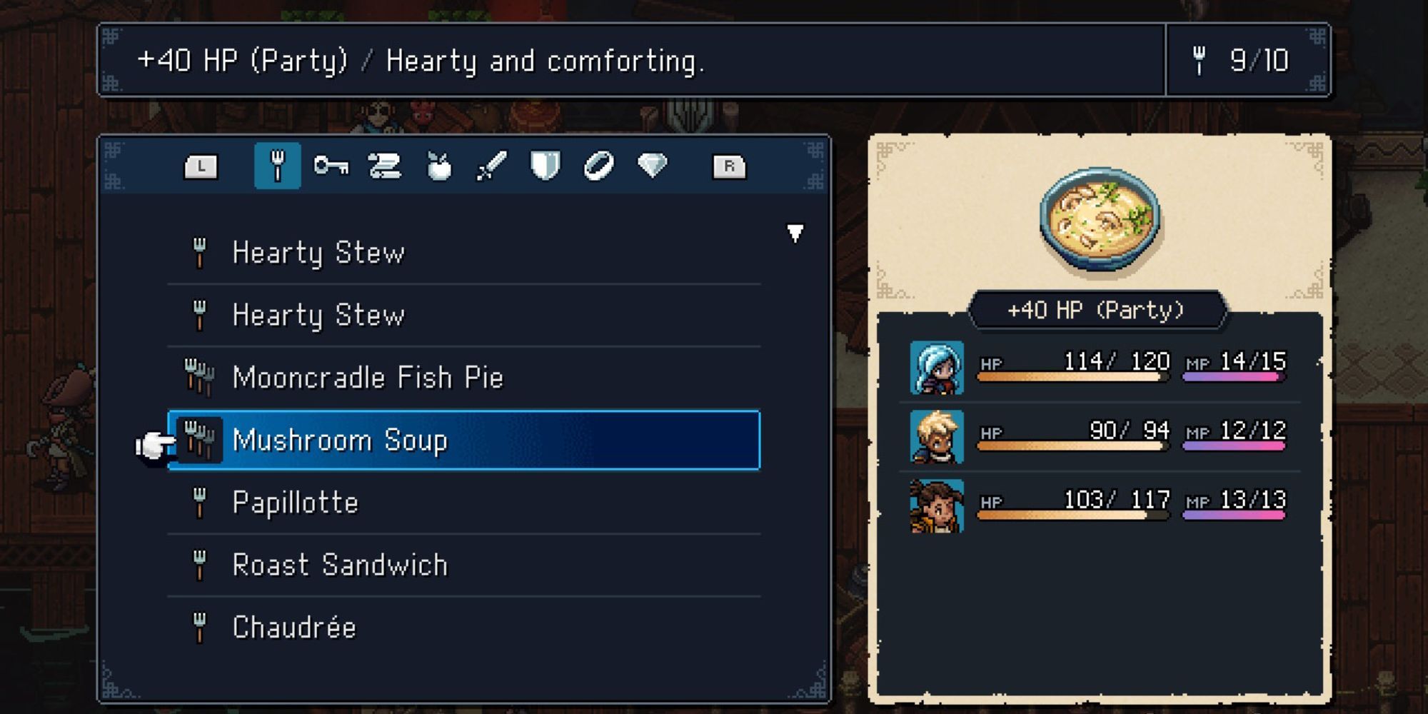 Sea of Stars Mushroom Soup item screen, with Garl, Zale and Valere