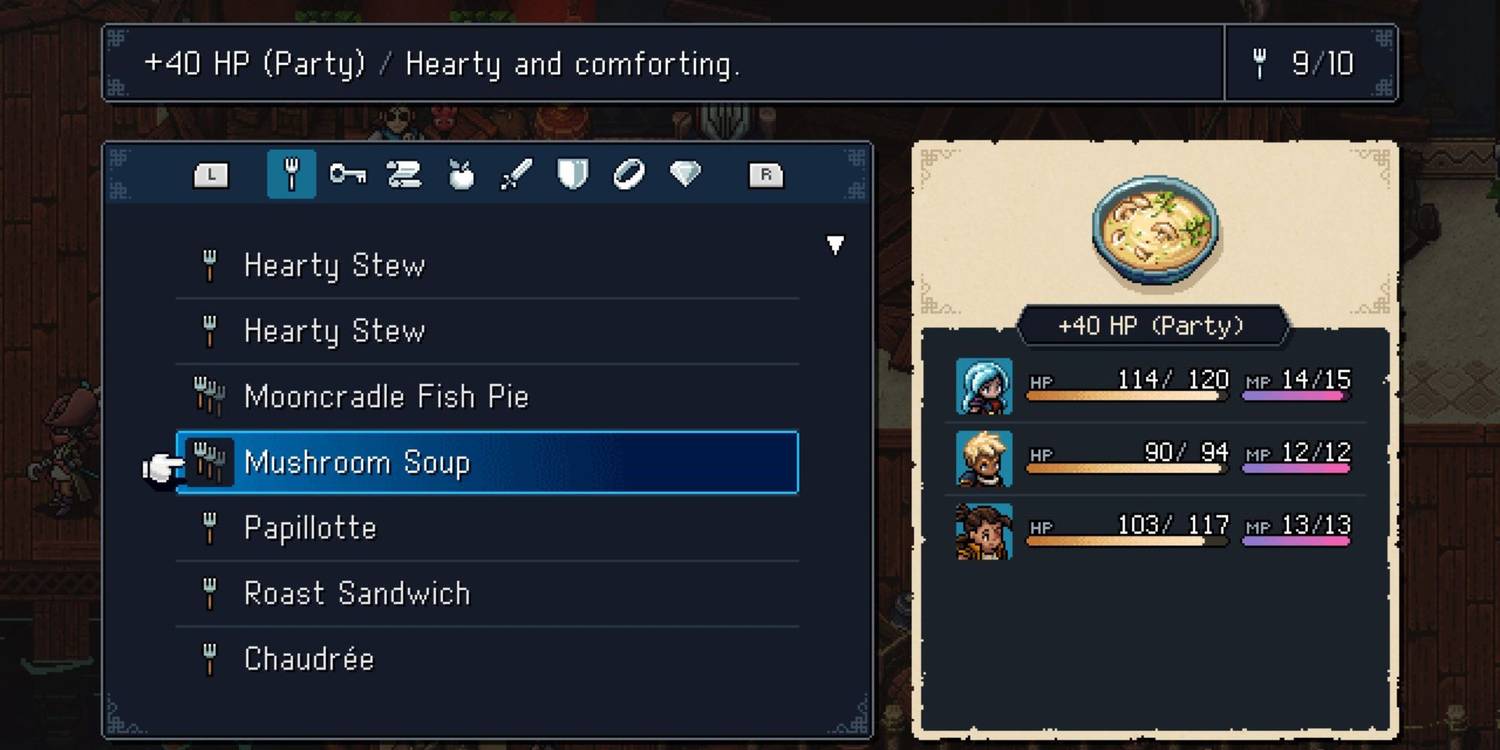 Sea of Stars Mushroom Soup item screen, with Garl, Zale and Valere