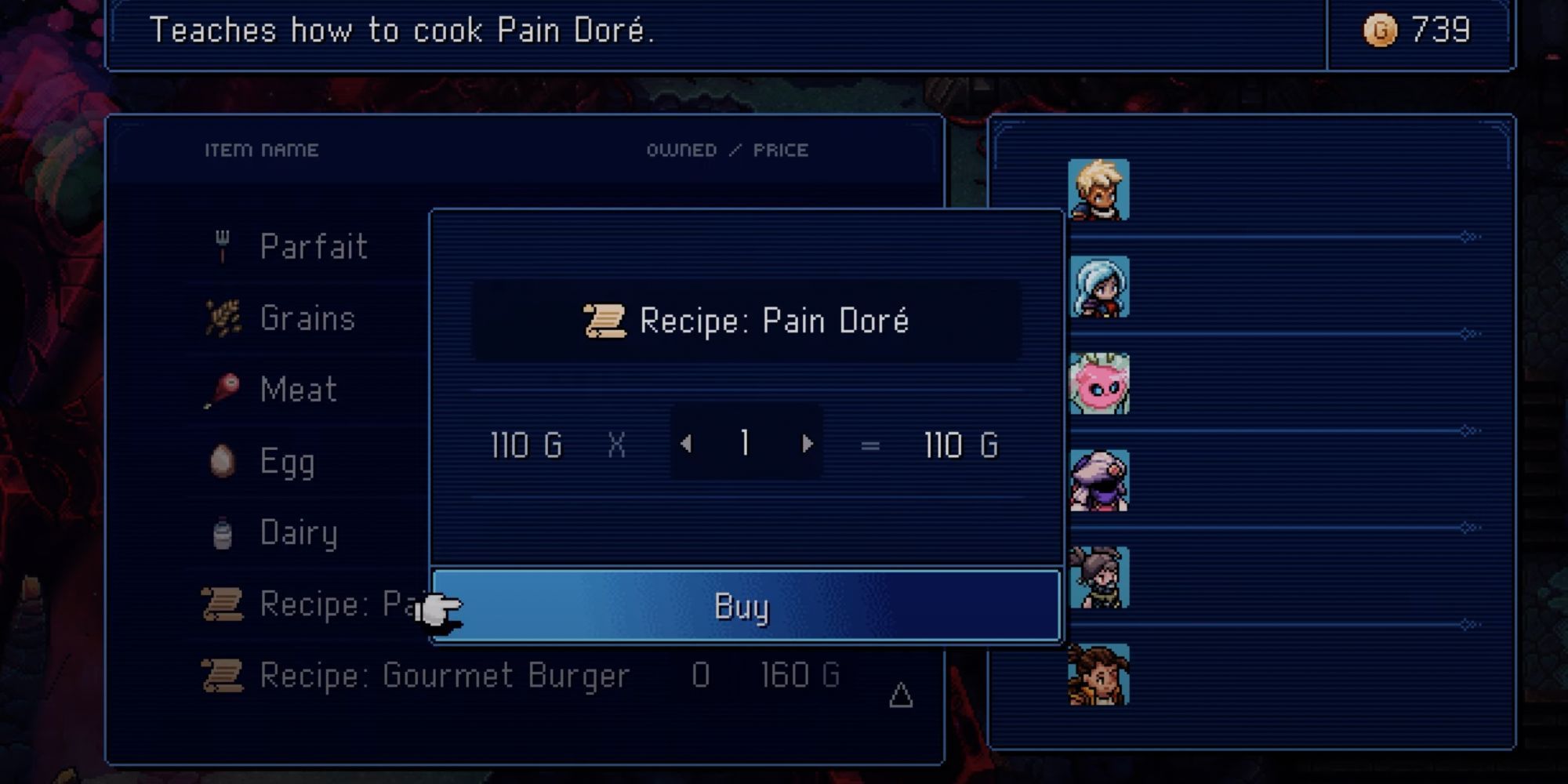 Sea of Stars' Pain Dore purchasing screen