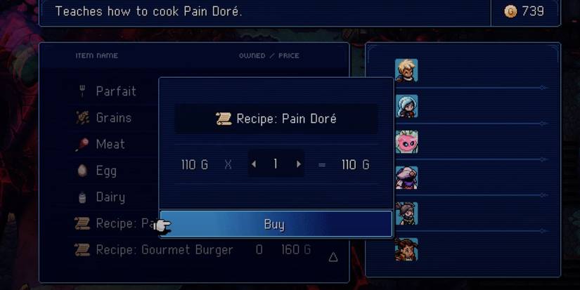 Sea of Stars' Pain Dore purchasing screen