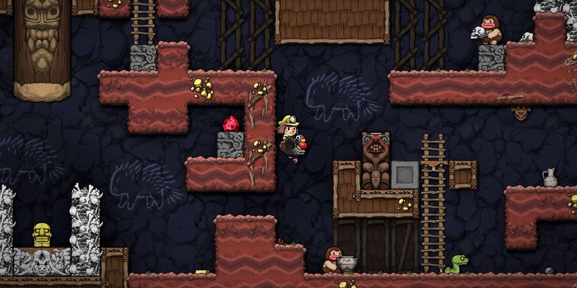 Ana riding on the back of a turkey in a cave in Spelunky 2