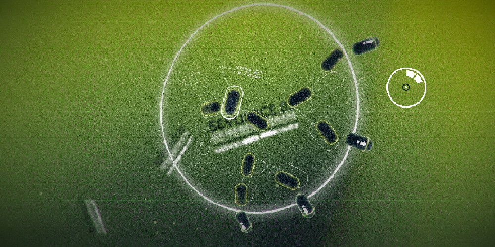 Bacteria floating against a green, grainy background. Image source: Steam