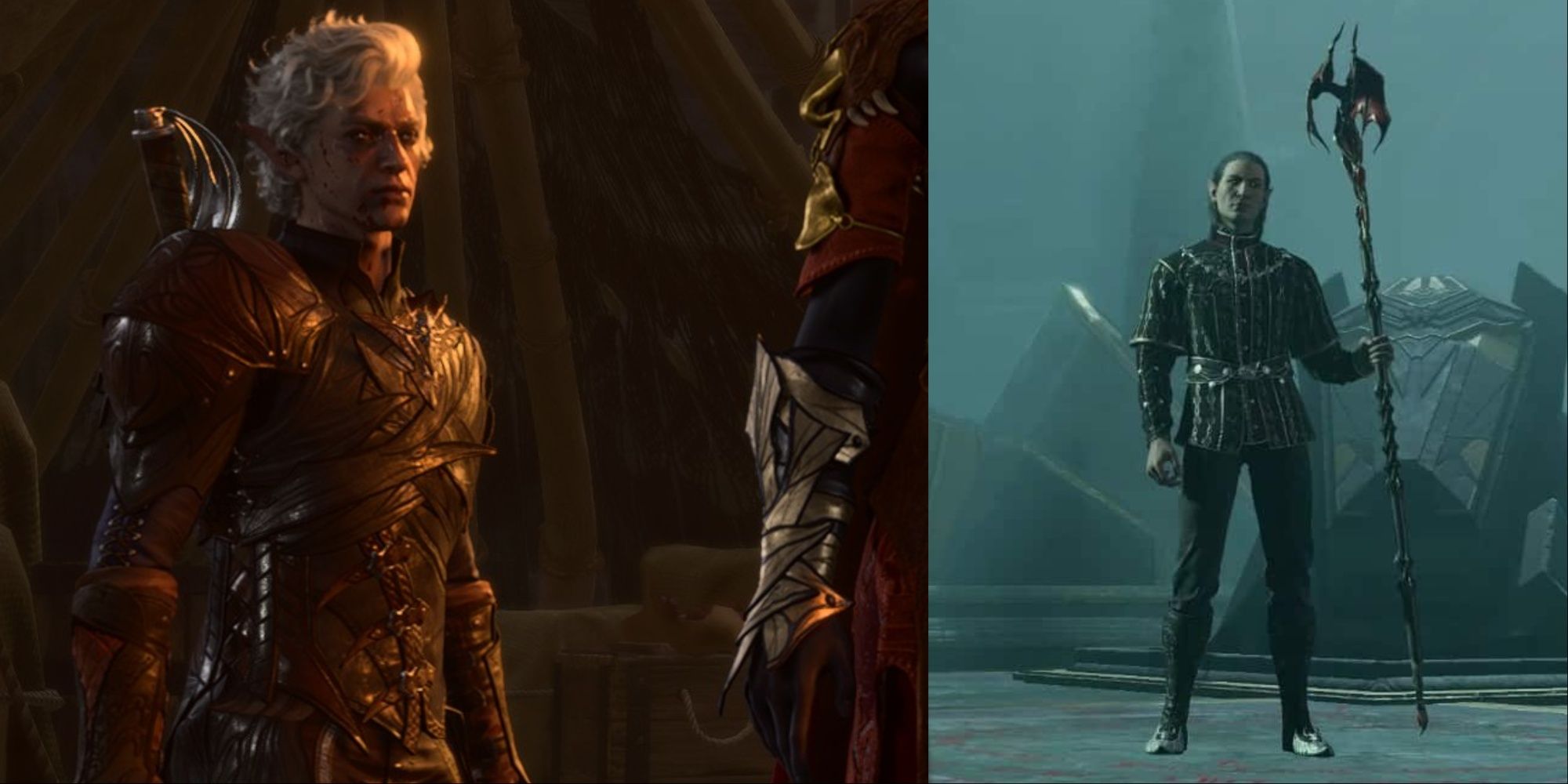 A split image of Astarion speaking to the protagonist and Cazador wielding the Woe staff in Baldur's Gate 3