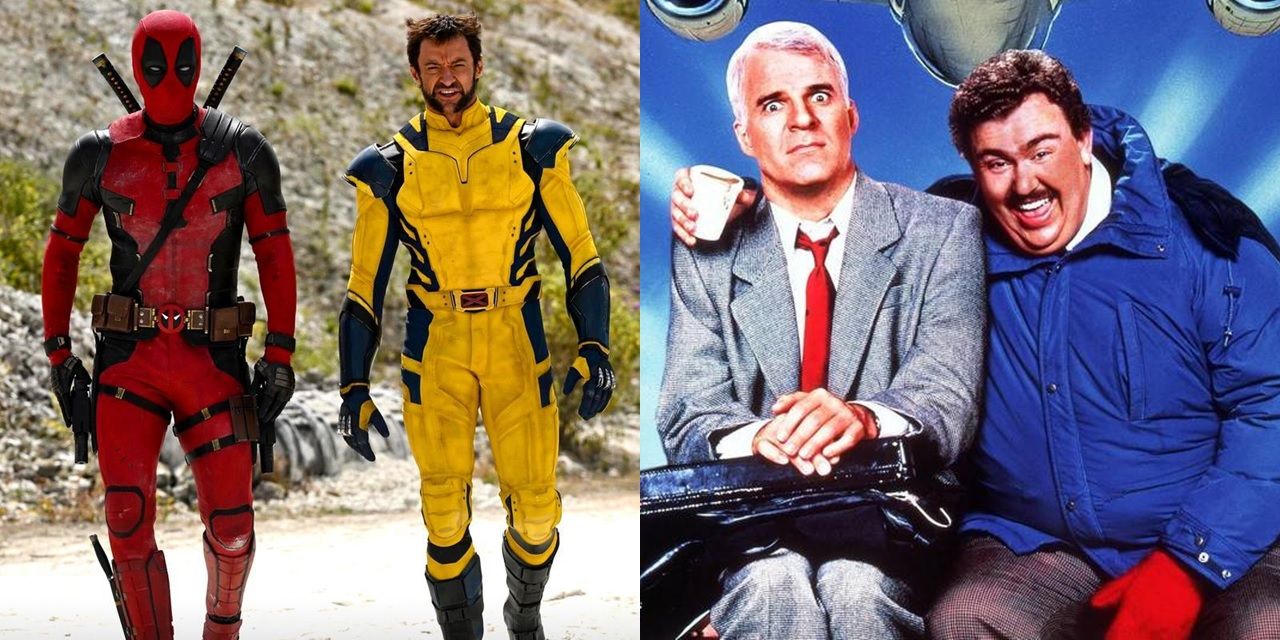 Split image of Deadpool and Wolverine in Deadpool 3 and Steve Martin and John Candy in Planes, Trains, and Automobiles