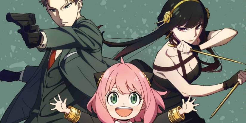 a man in green points a gun, a woman holds two pointed weapons, and a girl with pink hair smiles with her arms up