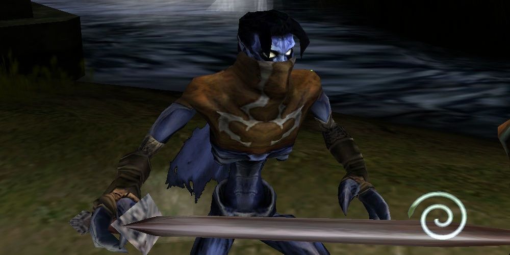 Raziel stands with sword in hand against the backdrop of a river