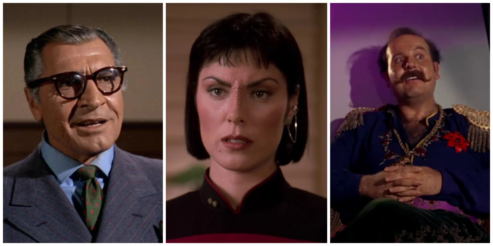 Split image of Bela Okmyx, Ro Laren, and Harry Mudd in Star Trek.