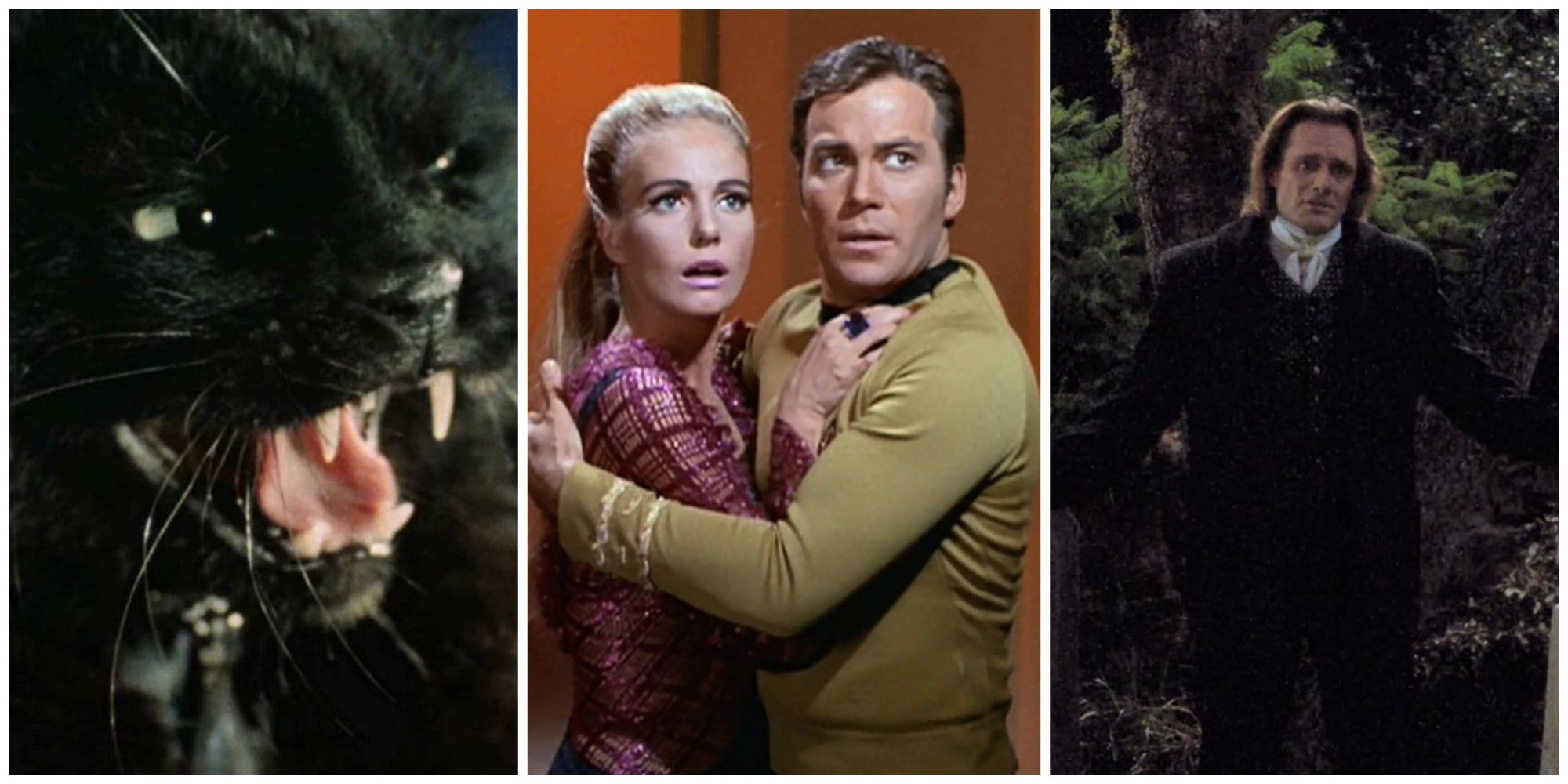 Split image showing three spooky Star Trek episodes: Catspaw, The Mark of Gideon, and Sub Rosa.