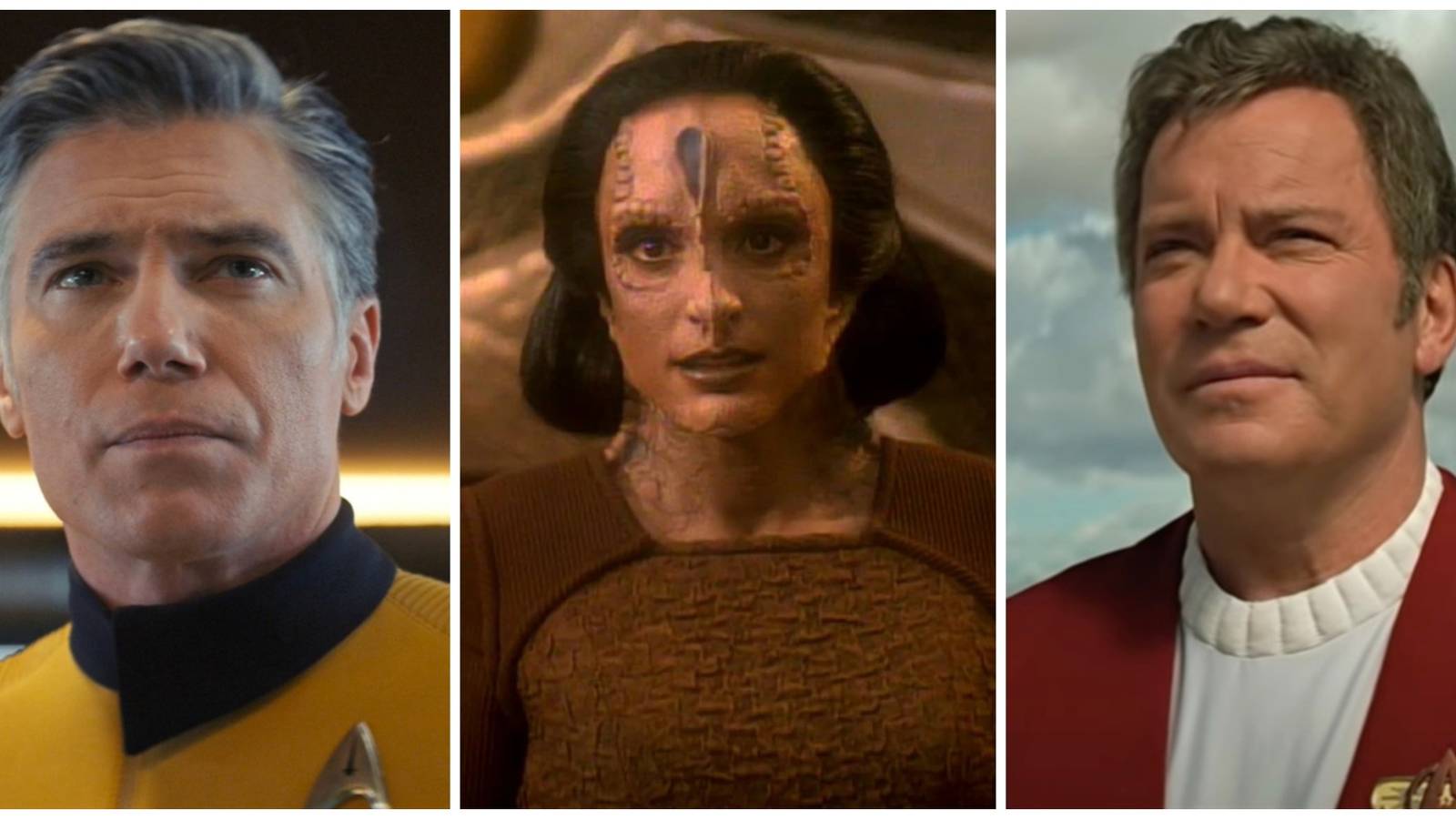 Split-image showing Star Trek characters: Pike Ghemor and Kirk.