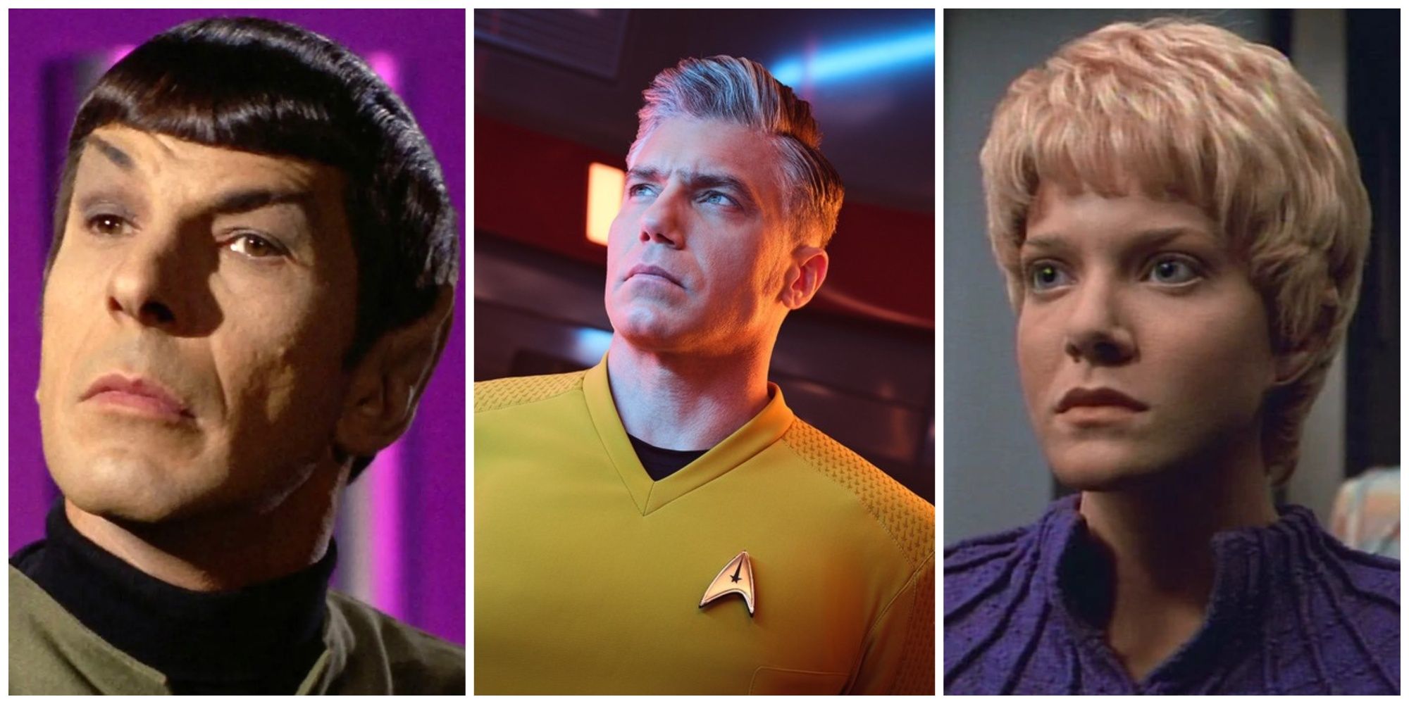 Split image showing Star Trek's Spock, Pike, and Kes.