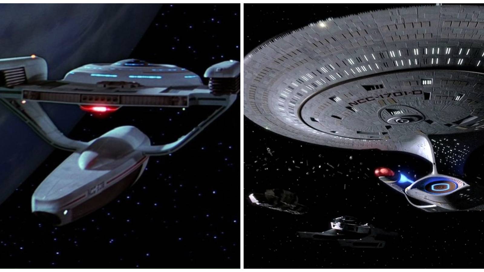 Split image showing the USS Grissom and USS Enterprise D.