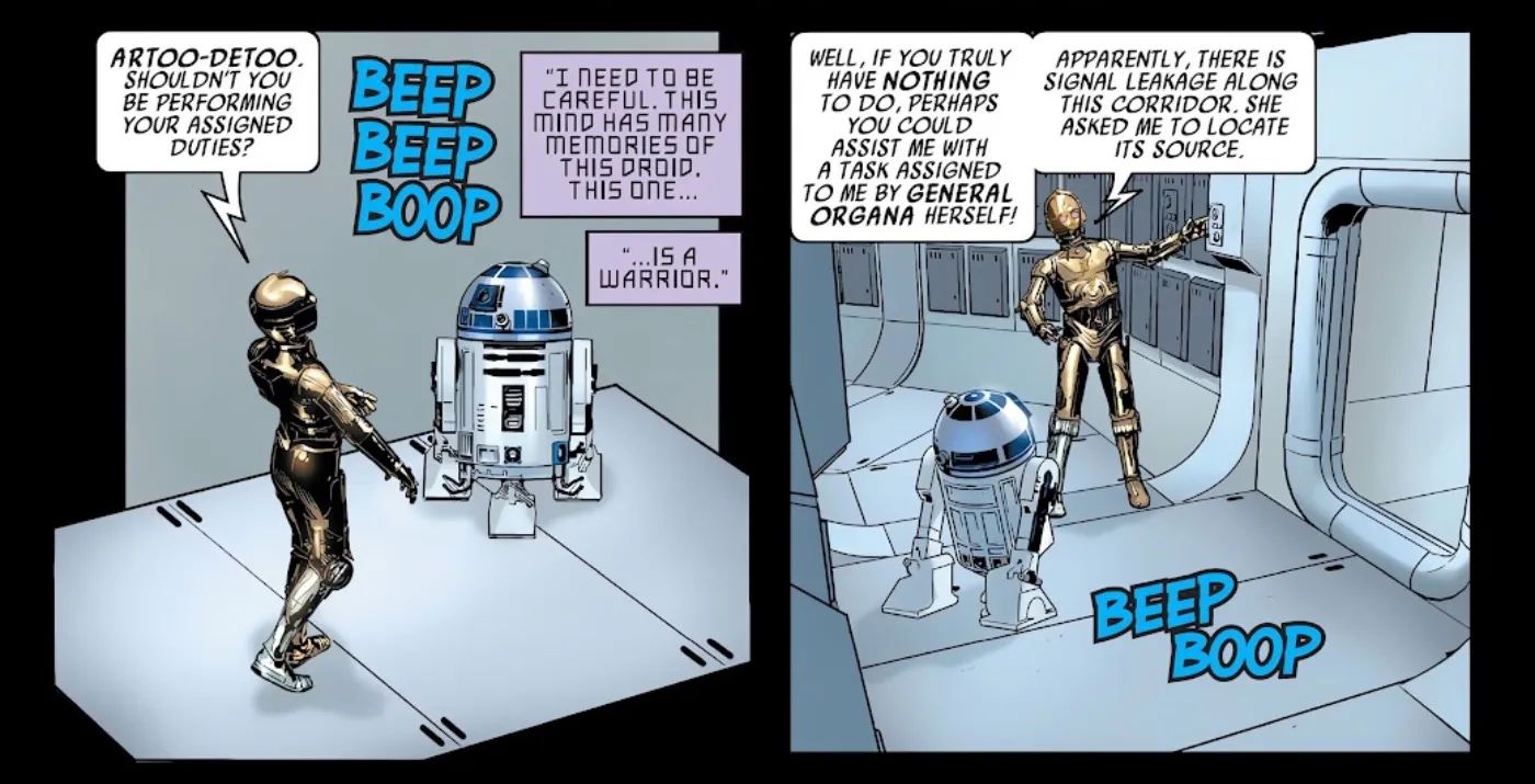 Paneles de Star Wars: Dark Droids #2 con R2-D2 y un C-3PO poseído