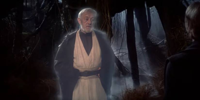 Obi Wan Kenobi's Force ghost appears to Luke Skywalker on Dagobah.