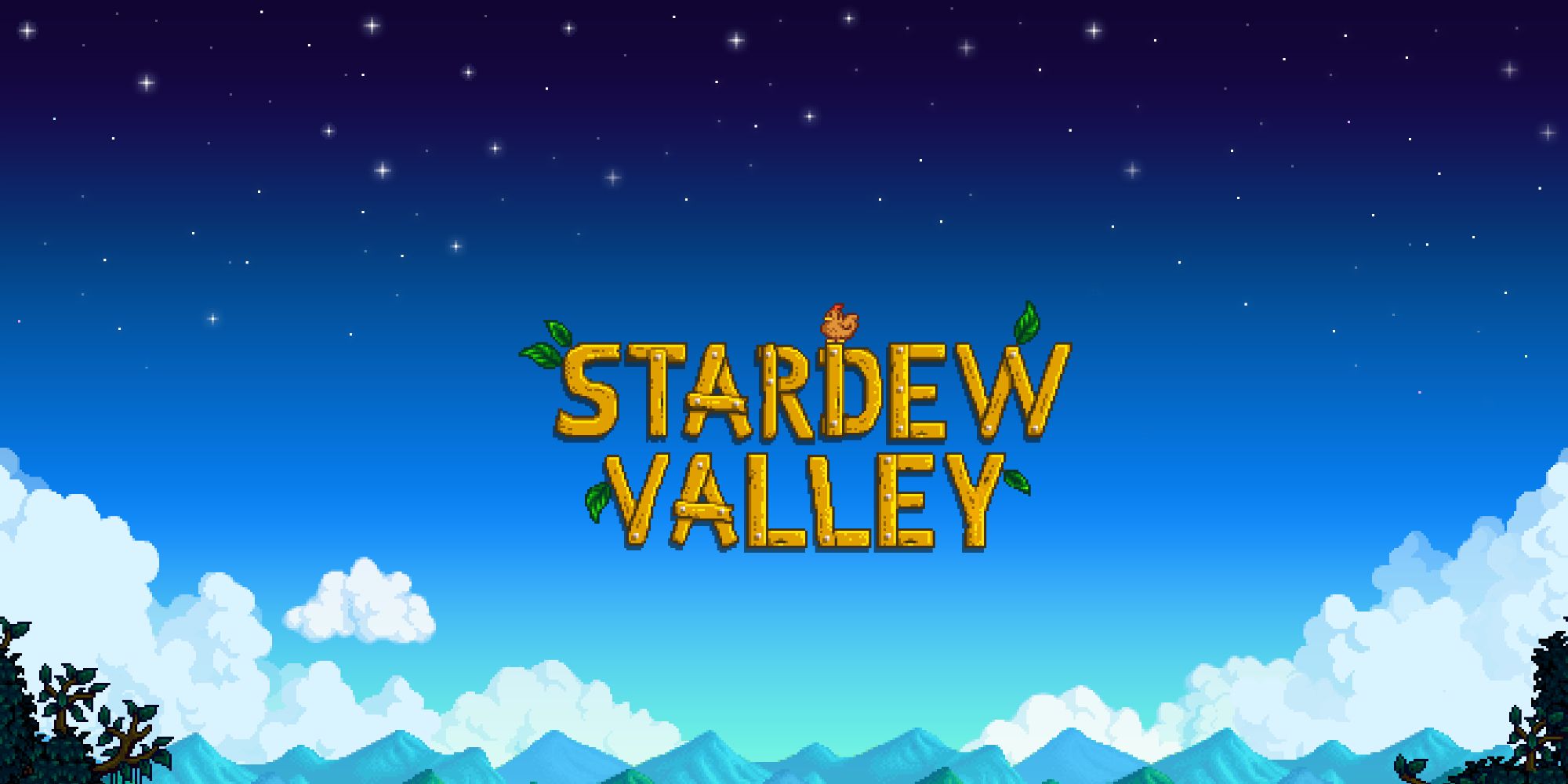 Official Stardew Valley Poster, with the title of the game floating in a blue sky with clouds and mountains at the bottom