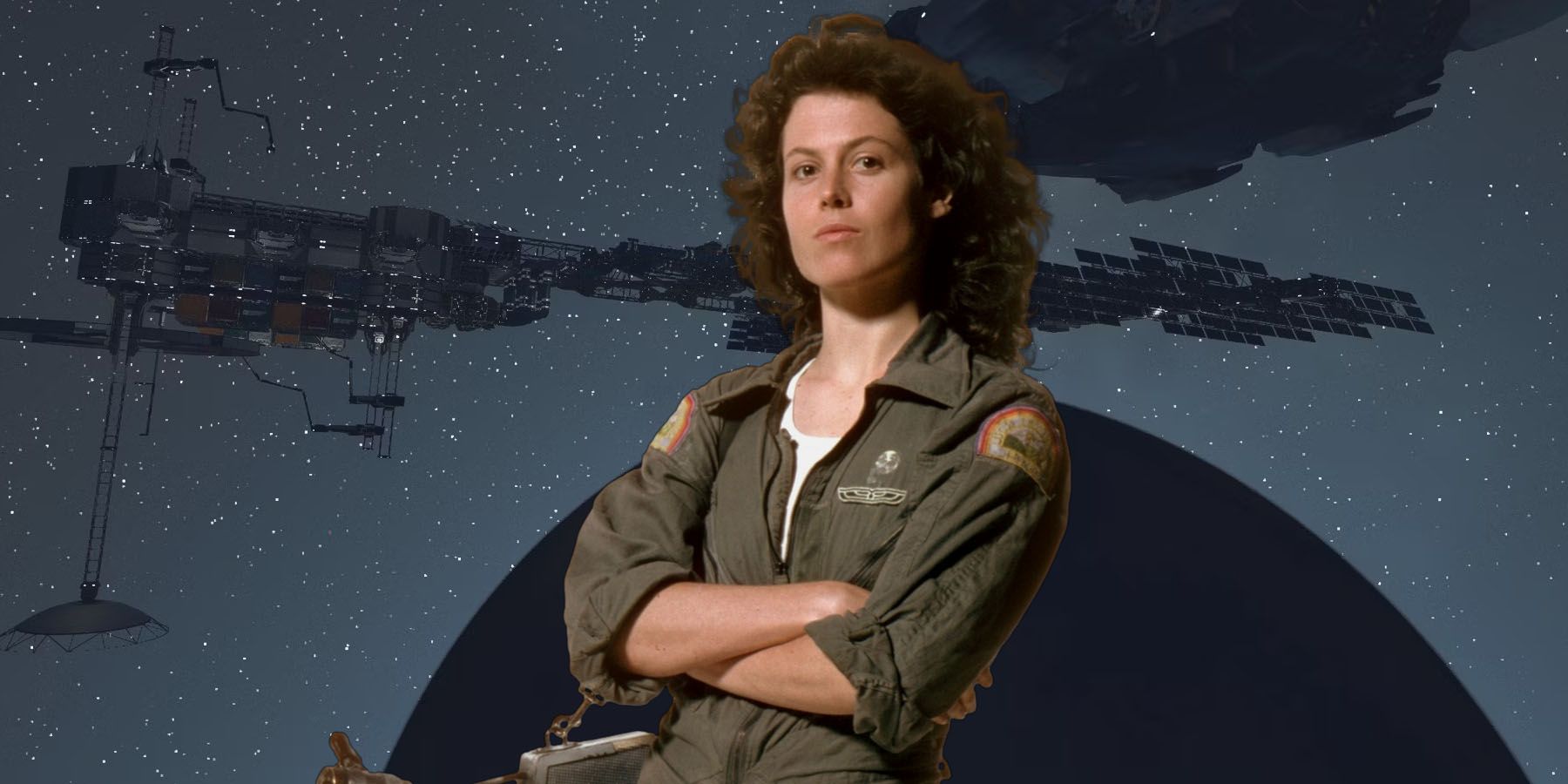A screenshot of a darkened space station in Starfield, with Alien's Ellen Ripley inserted in front.