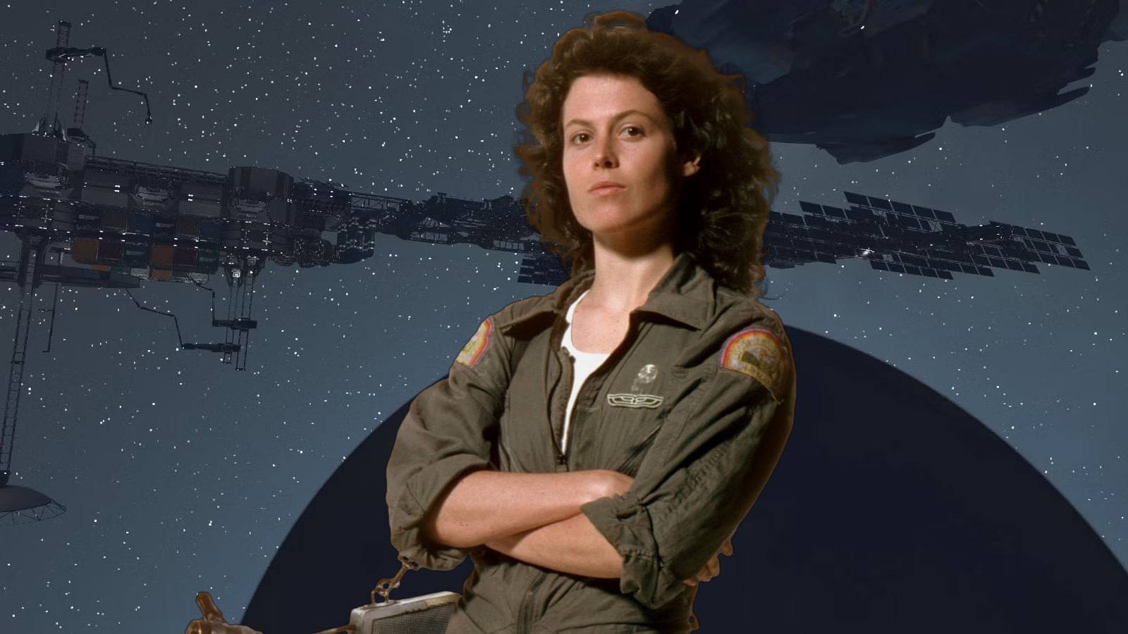 A screenshot of a darkened space station in Starfield, with Alien's Ellen Ripley inserted in front.
