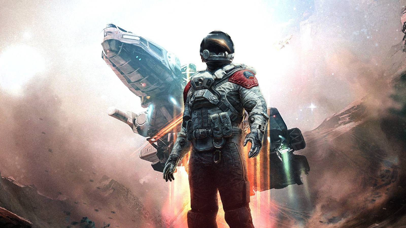 starfield astronaut with ship background