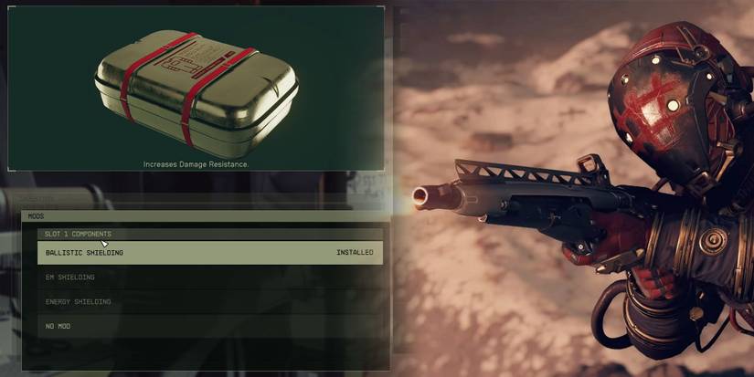 Starfield - Ballistic Shielding Suit Mod Next To Image Of Man In Suit Firring A Standard Gun
