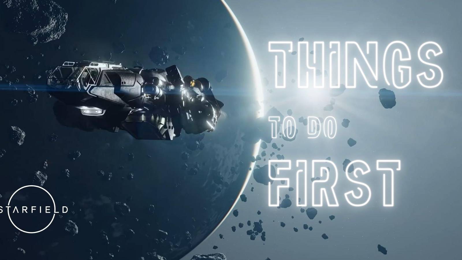 image showing a starfield starship and the game's logo next to a planet.