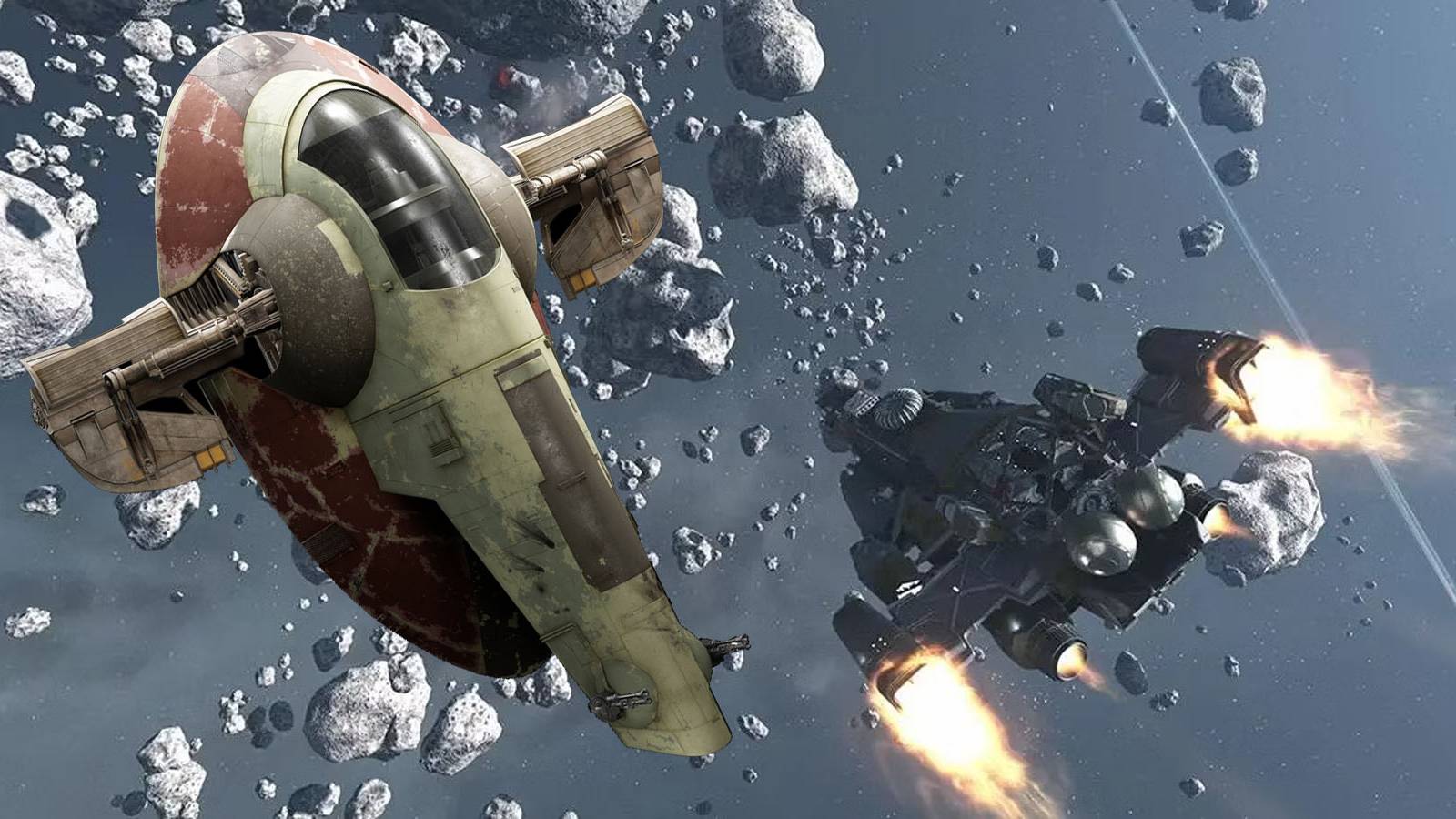 A screenshot of a spaceship entering an asteroid field in Starfield, with Boba Fett's spaceship from Star Wars inserted into it.