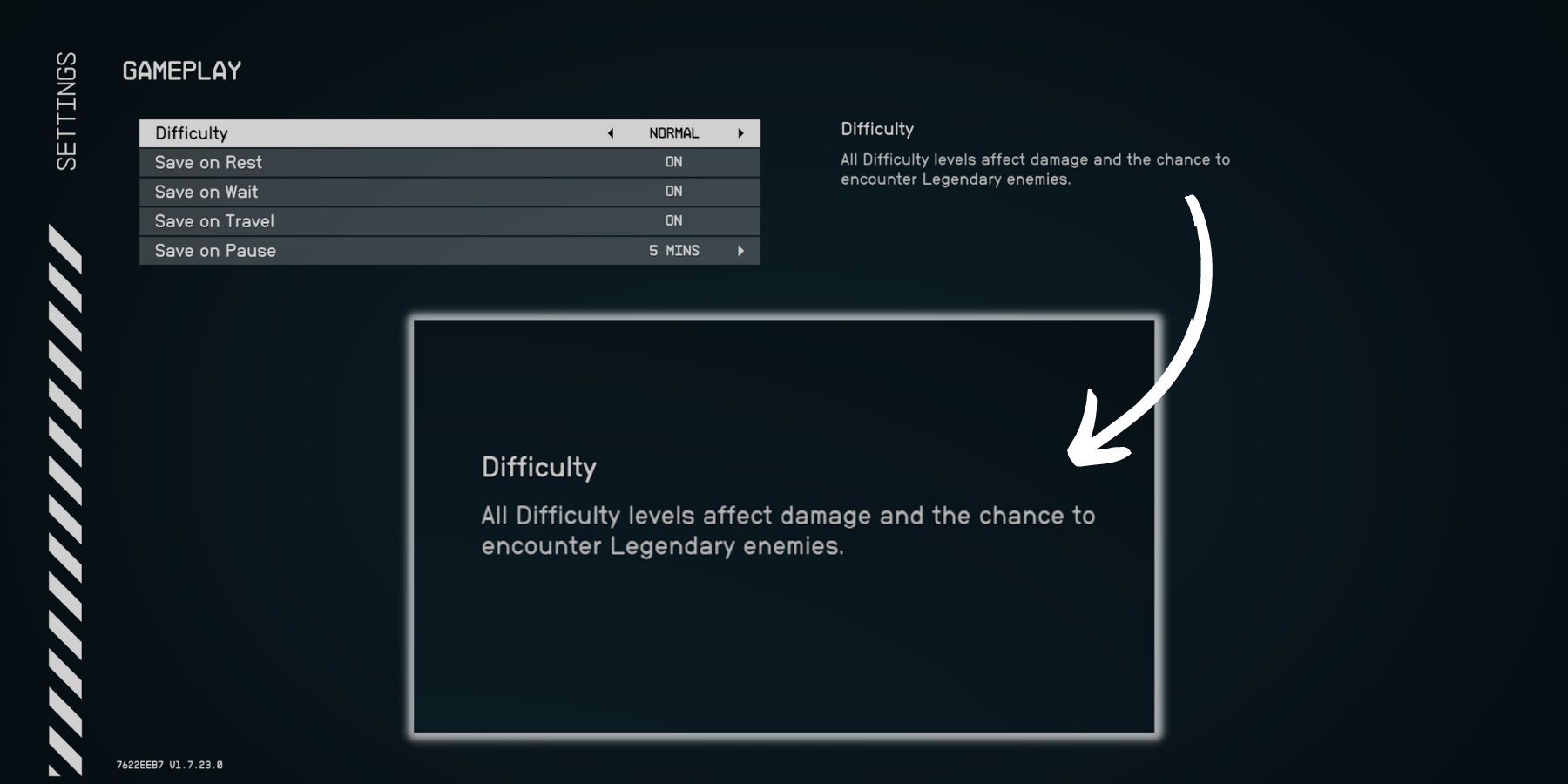 image showing different difficulty levels in starfield.