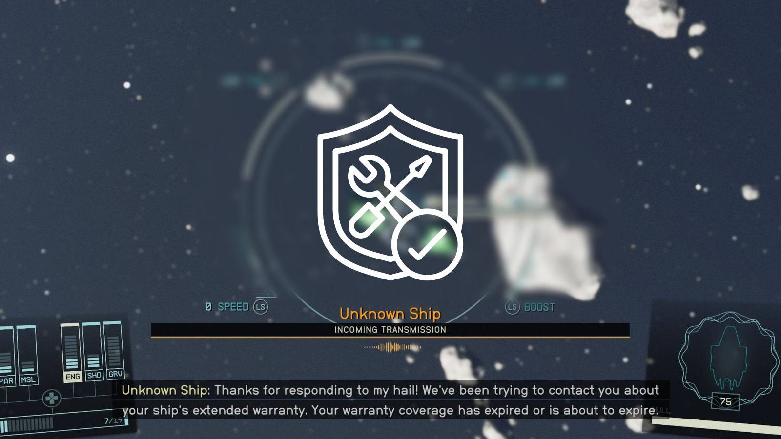 image showing the dialogue that triggers the extended warranty offer in starfield.
