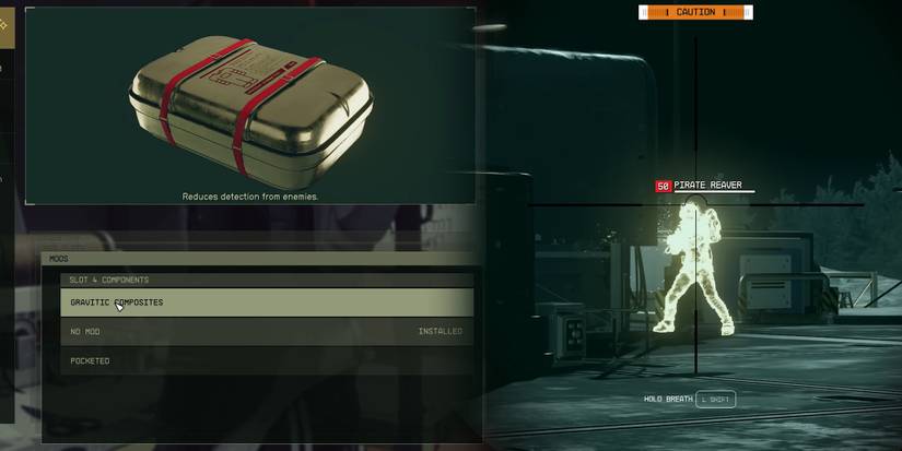 Starfield - Gravitic Composites Suit Mod Next To Image Of Player Getting A Stealth Shot