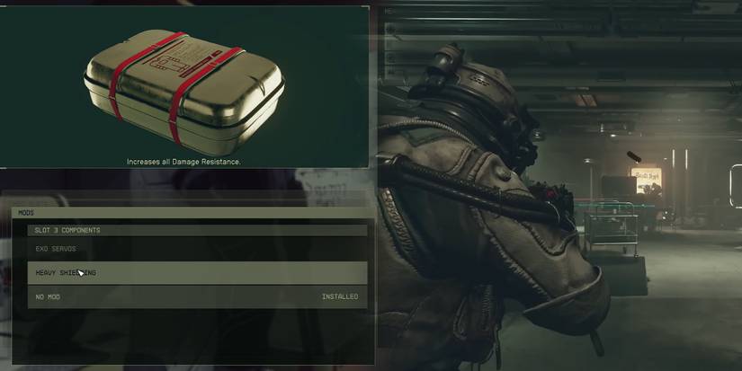 Starfield - Heavy Shielding Suit Mod Next To Image Of Player In Gun Fight