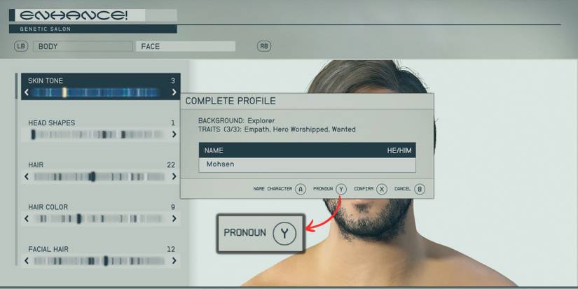 image showing how to change your pronoun in starfield. 