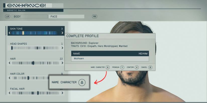 image showing how to rename avatar in starfield. 