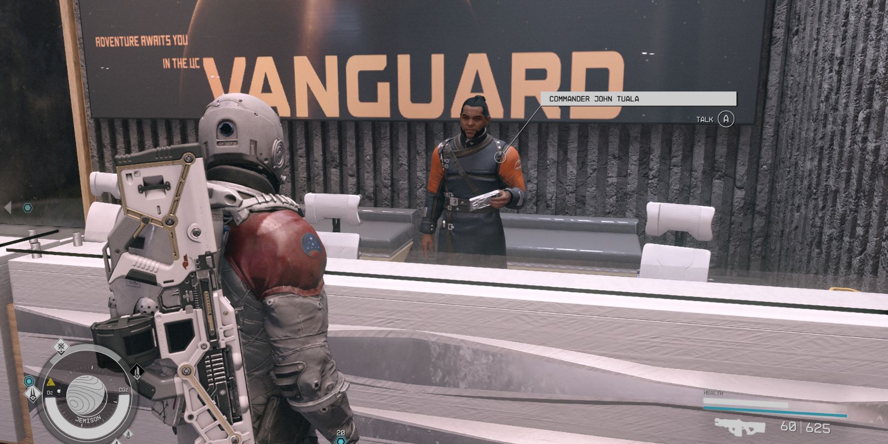 Imagen que muestra el stand de Vanguard donde los jugadores pueden solicitar la ciudadanía en Starfield. 
