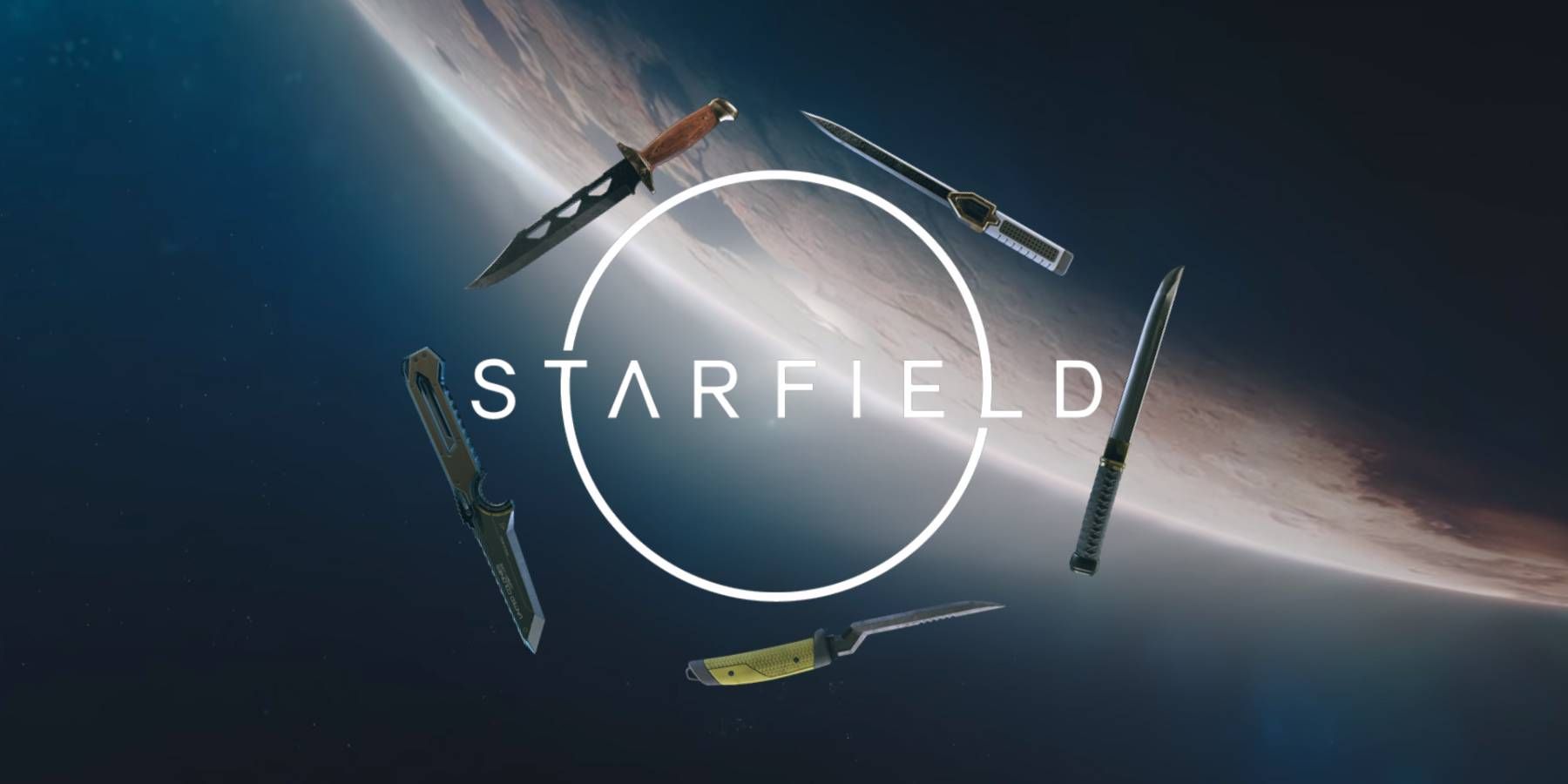 Several melee weapons circling Starfield's logo