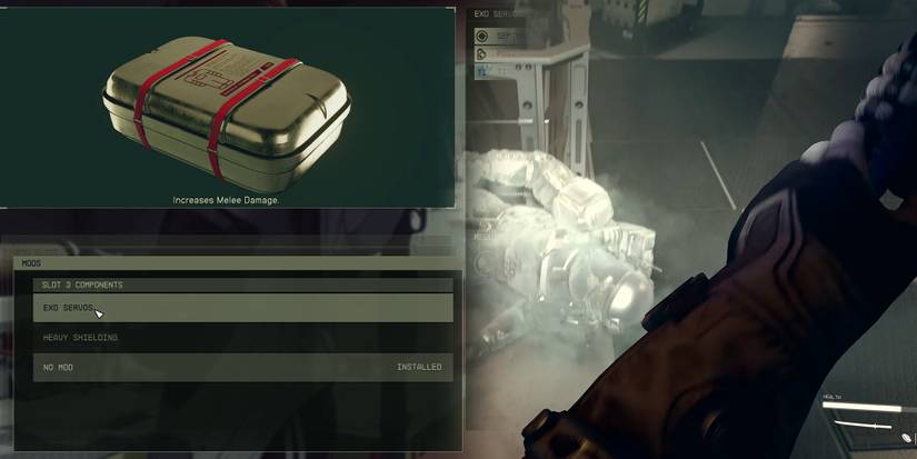 Starfield - Melee Damage Suit Mod Next To Image From Gameplay Trailer Of Player Hitting Frozen Enemy With Melee Weapon