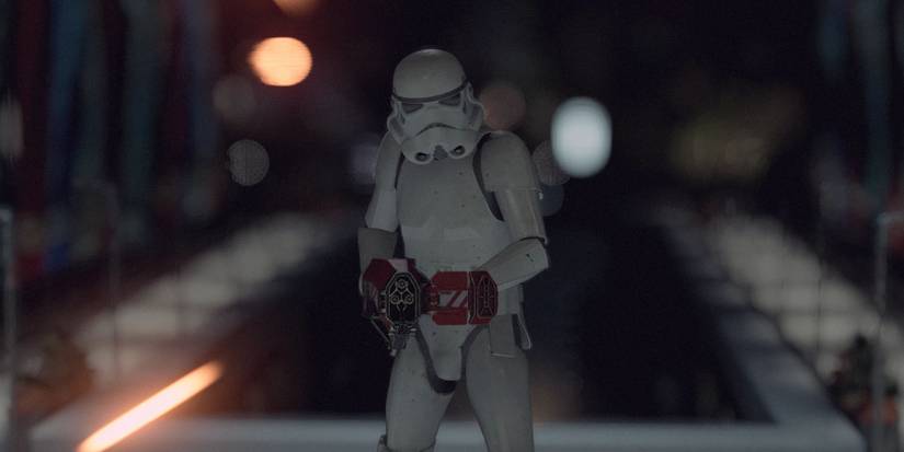 A screenshot of an Imperial Stormtrooper modded into Starfield, firing a weapon at the camera.